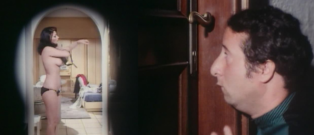Voyeuristic impulses made explicit: Alvaro Vitali spies on Edwige Fenech in Erotic Exploits of a Sexy Seducer.